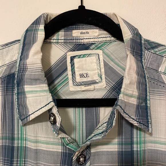 Men's BKE Buckle Western Green Blue Plaid Slim Fit Button Up long slv Shirt XL - Picture 2 of 5